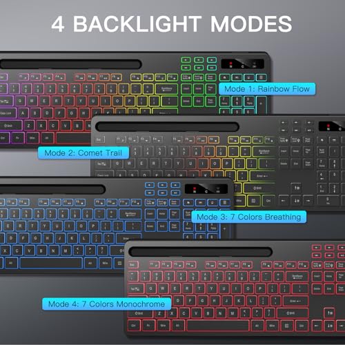 Soueto Wireless Keyboard with 7 Colors & 4 Modes RGB Backlit, Ergonomic Keyboard with Wrist Rest, Phone Tablet Holder, 2.4G Light Up Computer Keyboard with Numeric Keypad for Mac, Windows