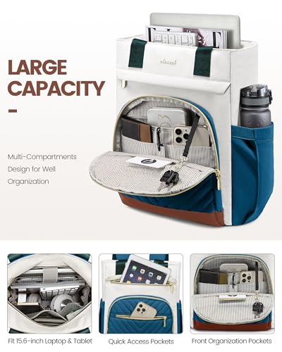 LOVEVOOK Laptop Backpack for Women, 15.6 Inch Work Laptop Bag Teacher Nurse Backpack, Wide Open Travel Tote Backpack Purse Business Computer Daypack - color: Beige&blue-green&brown-m
