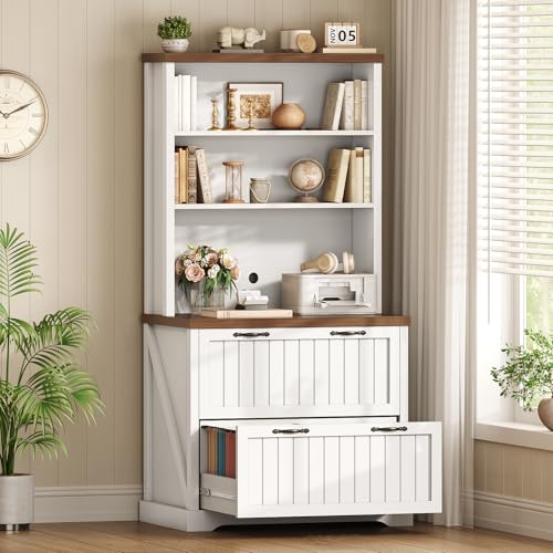SEDETA 2 Drawer Filing Cabinet, Farmhouse File Cabinet for Home Office with Storage Shelves, Wood Tall Office Filing Cabinet fits Letter, Legal, A4 Size, Lateral File Cabinets with Bookshelf, White - color: White + Brown, size: 2 Drawers