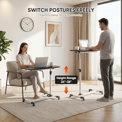 Magshion Tilt Overbed Bedside Table with Wheels, Rolling Laptop Desk w/Height Adjustment from 24" to 36", Sit to Stand Up, Mobile Standing Desk for Hospital Home Office, White Frame - color: White Fram, size: One-Piece Desktop