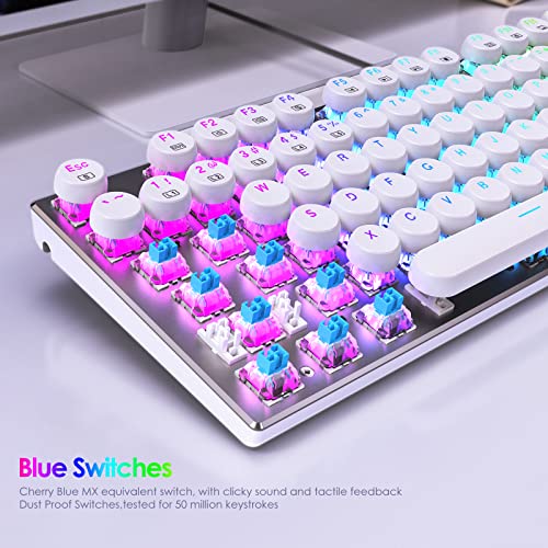 HUO JI E-Yooso Z-88 Wired Typewriter Style Mechanical Keyboard, White | Programmable RGB Backlit, Clicky Blue Switches, Detachable USB-C Cable, Metal Panel, 104 Double-Shot Keycaps for PC Gaming