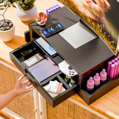 Simple Trending Wood Monitor Stand Riser, Desktop Oraganizer, Black | Desk Organizer and Accessories, Laptop & Printer Stand, Drawer & Pen Holder, for Home Office, 20.25"W x 9.25"D x 5.5"H - size: 20.25"W x 9.25"D x 5.5"H