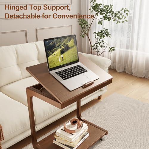 AQIMUELE Wooden C-Shaped End Table,Couch Table with Adjustable Desktop,Small Rolling Side Table with 2 Lockable Wheels 23.6" Width,Small End Table for Couch, Living Room,Bedroom (Walnut) - color: Walnut, size: 15.6"D x 23.6"W x 24.8"H, style: Modern 2 Tie