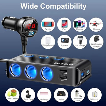 EUGIZMO 8 in 1 Cigarette Lighter Adapter,3 Socket Car Charger Plug Splitter | 12V/24V PLug in Outlet with Voltage Visible Independent Switches 2 PD30W & 3 USB-A Ports Fast-Charge Phones and Dash Cams
