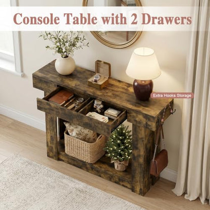47'' Console Table with 3 Drawers and Open Storage, Entryway Table with Socket, LED Light and Hooks, Narrow Long Wood Sofa Table Behind Couch Table for Living Room, Hallway, Foyer, Brown - size: 47'' IN