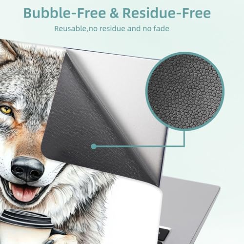Universal Laptop Skin Decal, 3-Piece Vinyl Protector for 12 13 14 15.6" Notebook, Waterproof Anti-Scratch, Easy Trim & Bubble-Free Finish, Smiling Wolf Holding Coffee - color: Smiling Wolf Holding Coffee