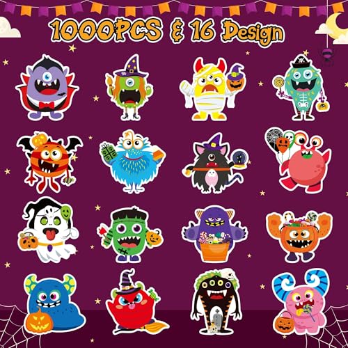 Haooryx Halloween Monster Sticker Rolls - 1000Pcs Ghost Pumpkin Frankenstein Monster Stickers Waterproof Vinyl Self-Adhesive Water Bottle Page Activity Pad Halloween Junk Journal Scrapbooking Supplies - style: Halloween Monster 2Roll