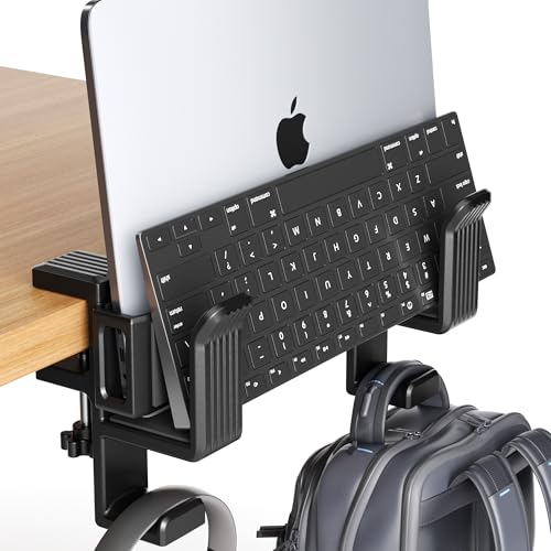 AFOOYO 2 Slot Vertical Laptop Stand, Desk Side Storage Organizer,No Drill Laptop Holder with Headphone Holder Compatible with 10-17” Laptops, Fits Flat Edge Tables 0.3" to 1.7"