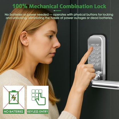 High-Security 12 Digit Keypad Mechanical Door Lock - Keyless Entry, Code Combination Lock with Handle, Waterproof & Rustproof, No Battery, Easy to Install, BH-MDLS0020102 - color: Satin Chrome - Round