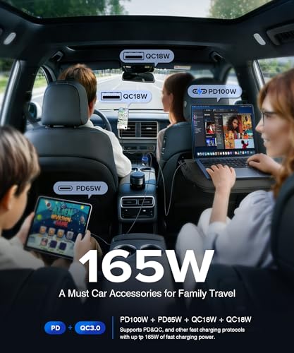 165W USB-C Car Charger, 4-in-1 Super Fast Charging Cigarette Lighter Adapter, Dual USB-C & USB-A Multi-Port Car Phone Charger Accessory, for iPhone 17/16/15, iPad, Galaxy, Tablets and Other Devices - size: 165W