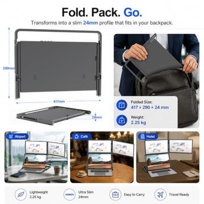 DuoCreate FHD 15.6" Triple Portable Monitor Extender for Laptop | 2×15.6" 1920×1080 IPS | 360° Rotation | USB-C & HDMI | Aluminum Alloy Foldable Stand | Eye Care | for 13-18.5" Mac & Windows