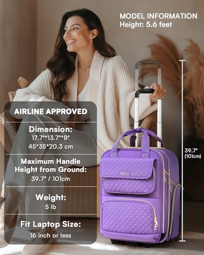 Underseat Carry On Luggage with Wheels, Airline Approved Personal Item Luggage, 16-Inch Multi-functional Underseat Luggage, Lightweight Overnight Suitcase for Women, Bussiness, Travel, Purple - color: Purple