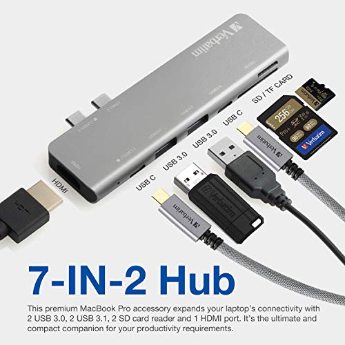 Verbatim USB C Hub for MacBook Pro - USB-C Hub with 100W Thunderbolt PD, USB 3.0 Ports, SD Card Readers, HDMI, Compact, Portable - color: 7 in 2 Hub