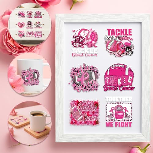 Rngmsi Football UV DTF Stickers - 20 Pcs Beast Cancer Awareness UV DTF Cup Wraps for 16 oz Pink Ribbon Bow UVDTF Transfer Decals for Glasses Cups Mug DIY Crafts - style: Football Beast Cancer Awareness