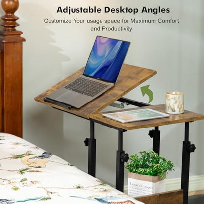 Hadulcet Adjustable C Table with Charging Station, Tiltable Desk C Shaped End Table for Couch, Over Bed Table with Wheels Adjustable Height, Hospital Table Laptop Stand Drawing Desk, Rustic Brown - color: Romantic Brown, style: Upgrade
