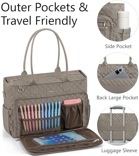 Bagstellar Teacher Tote Bag for Women, 15.6" Laptop Work Tote Computer Bag | Quilted Bible Nurse Bag with 40oz Cup Holder, Insulated Pocket & Strap, Large Laptop Briefcase for School Travel Office Gifts - color: Dark Taupe