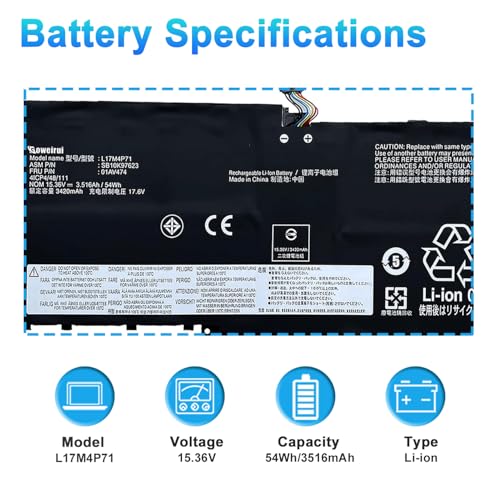 L17M4P71 L17C4P71 Laptop Battery for Lenovo ThinkPad X1 Yoga 3rd Gen 2018 Series 20LD 20LE 20LF 20LG TP00076D L17M4P73 01AV474 01AV475 SB10K97623 SB10K97624 01AV499 SB10K97638 02DL003 - size: 10.79*4.21*0.16inch L17M4P71