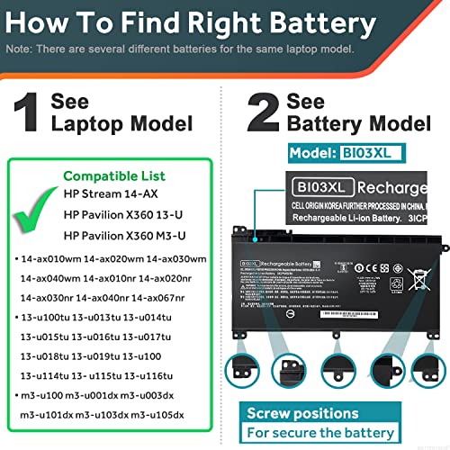 BI03XL Battery Compatible with HP Pavilion X360 M3-U 13-U M3-U001DX Laptop | For 13-U100TU 13-U118TU Stream 14-AX 14-ax010nr 14-ax020wm 14-ax030wm TPN-W118 Laptop ON03XL HSTNN-LB7P HSTNN-UB6W 843537-541