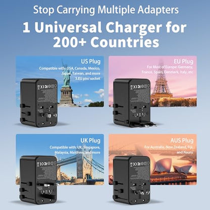 100W GaN Universal Travel Adapter - 6-in-1 International Plug Adapter Wall Charger for 200+ Countries, Built-in USB-C Cable Multi Port Fast Charging Worldwide - US/EU/UK/AUS