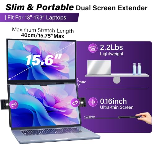 15.6" Laptop Screen Extender, FHD IPS Vertical Portable Dual Monitor, 0.16" Ultra-Slim One-Cable Plug & Play Travel Monitor Above Laptop Screen for 13-17" Laptops Compatible with Win/Mac/Android - size: Dual 15.6" Monitor