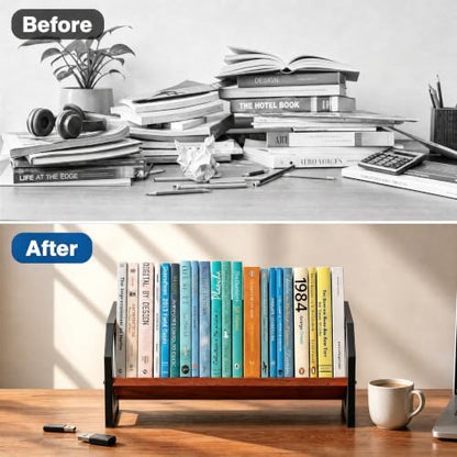 Desktop Bookshelf Organizer, Tilting Bookcase, Reddish Brown | Rustic Wood & Sturdy Metal Frame, Saves Desktop Space for Books/CDs/Magazine Display