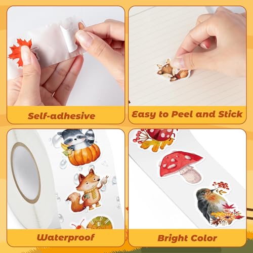 Haooryx Fall Animal Sticker Rolls - 1000Pcs Autumn Watercolor Forest Animal Stickers Self-Adhesive Vinyl Waterproof Thanksgiving Birthday Party Supplies Favor Gift Page Activity Pad Junk Journal Lover - style: Fall-Theme Animal 2Roll