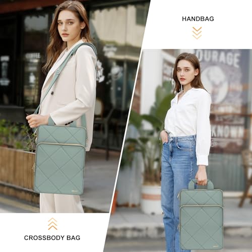 MOSISO Vertical Laptop Bag, Computer Bags | Rhombus Quilted Laptop Shoulder Bag with Trolley Sleeve&Pocket&Handle - color: Antique Green, size: 16 inch