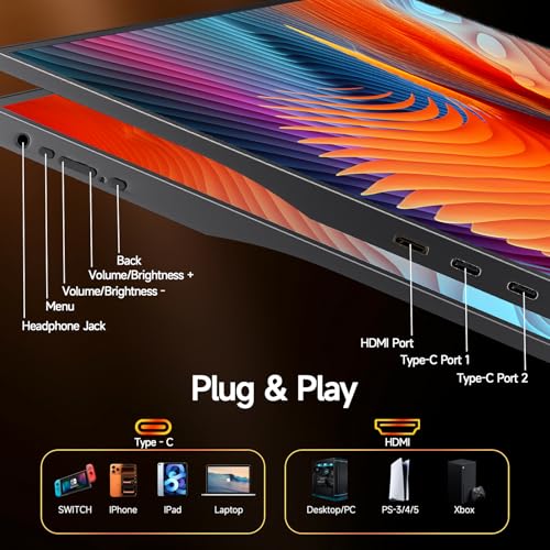 15.6inch Portable Monitor 1080P FHD, 250 Nits Bright Screen USB-C HDMI with Kickstand & Dual Speakers, Travel Laptop Second Screen Extender for PC Phone PS5 Xbox Switch,Ultra Slim External Display - size: 15.6" Kickstand