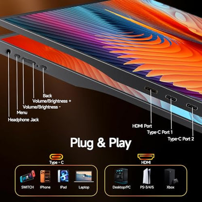 15.6inch Portable Monitor 1080P FHD, 250 Nits Bright Screen USB-C HDMI with Kickstand & Dual Speakers, Travel Laptop Second Screen Extender for PC Phone PS5 Xbox Switch,Ultra Slim External Display - size: 15.6" Kickstand