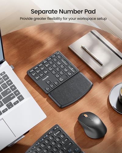 ProtoArc EKM04 2.4GHz Wireless Ergonomic Keyboard Mouse Combo - Black | Separate Numeric Keypad, USB Receiver, Split Design, Hard Wrist Rest, Rechargeable, for Windows Desktop/PC/Laptop