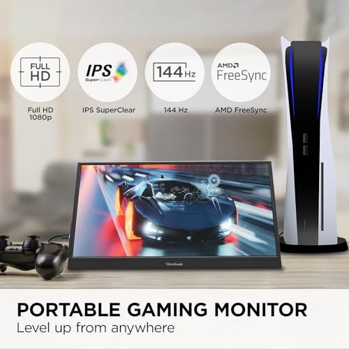 ViewSonic VX1654 16 Inch 1080p Portable Gaming Monitor, IPS Display with 144Hz for Smooth Mobile Workspaces and Fast-Action Gaming, Built-in Stand, 60W USB-C, and Mini HDMI Inputs - size: 16-Inch 144Hz