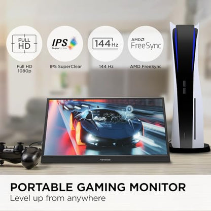 ViewSonic VX1654 16 Inch 1080p Portable Gaming Monitor, IPS Display with 144Hz for Smooth Mobile Workspaces and Fast-Action Gaming, Built-in Stand, 60W USB-C, and Mini HDMI Inputs - size: 16-Inch 144Hz