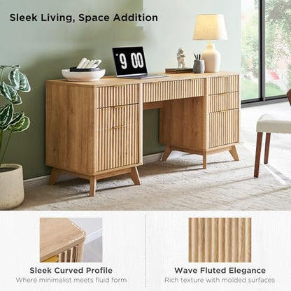 T4TREAM Fluted Executive Desk with Drawers, 60" Modern Home Office Computer Desk with Charging Station, File Cabinet, Keyboard Tray and Storage Cabinet for Study, Living Room, Bedroom, Natural Oak - color: Natural Oak