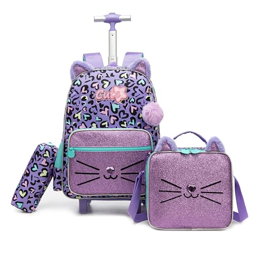 Meetbelify Backpack with Wheels for Girls Rolling Backpack Cute Carry on Backpack for Elementary Student - color: Cat Purple