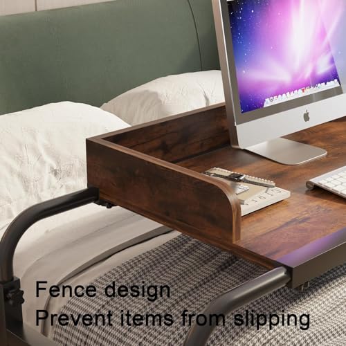 LINGMI Kids and Adult Desk, Overbed Table with Wheels, Bed Desk Recliner Table Adjustable Height Laptop Table, Queen King Size Over The Bed Table with Metal Leg(Rustic Brown) - color: Rustic Brown