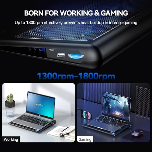 TECKNET Laptop Cooling Pad - 12"-15.6" Laptops Cooler, Powerful Cooler and Ultra Quiet for Gaming Laptops Pad, 2 Wind Speed Adjustable, USB A & C Powered Cooler Stand with Laptop Fan LED (Blue) - color: Blue