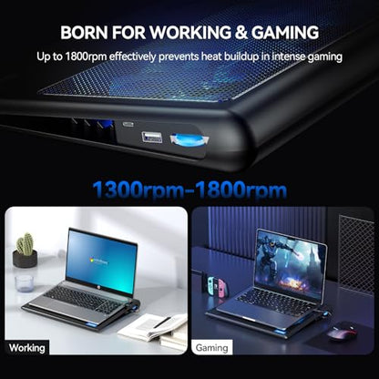 TECKNET Laptop Cooling Pad - 12"-15.6" Laptops Cooler, Powerful Cooler and Ultra Quiet for Gaming Laptops Pad, 2 Wind Speed Adjustable, USB A & C Powered Cooler Stand with Laptop Fan LED (Blue) - color: Blue
