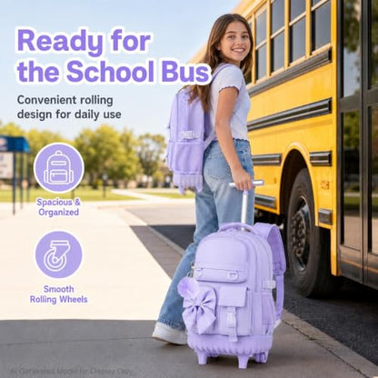 3Pcs Rolling Backpack for Girls Women, School Kids Roller Bookbag with Wheels, Wheeled Backpacks Set for Elementary (Purple) - color: Bow Purple