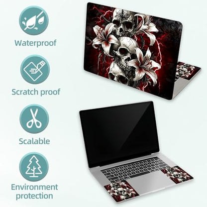 Universal Laptop Skin Decal, 3-Piece Vinyl Protector for 12 13 14 15.6" Notebook, Waterproof Anti-Scratch, Easy Trim & Bubble-Free Finish, Skulls with White Lilies Red Lightning - color: Skulls with White Lilies Red Lightning