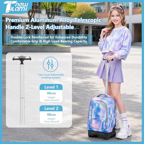 NEW TILAMI 18 Inch Rolling Backpack with Lunch Bag for Girls Boys School | 6-Wheel Stair-Climbing Girls Boys Carry-on Suitcase Water-Resistant Adjustable Trolley Handle Wheels School Travel Camping - color: Blue Planet