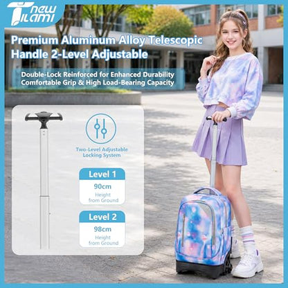 NEW TILAMI 18 Inch Rolling Backpack with Lunch Bag for Girls Boys School | 6-Wheel Stair-Climbing Girls Boys Carry-on Suitcase Water-Resistant Adjustable Trolley Handle Wheels School Travel Camping - color: Blue Planet