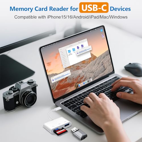 USB C SD Card Reader, ADRUDY SD Card Reader for iPhone 15 16 iPad/Mac/Android Devices, 3 in 1 Memory Card Reader with SD/MicroSD & USB Port, Plug and Play