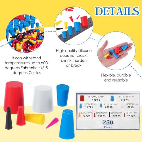 Briwooody 250 Pcs Rubber Plugs 9-Sizes Silicone Tapered Plug Kit 1/15" to 1" Stoppers for Coating, Hole, Painting Protection Silicone Stopper