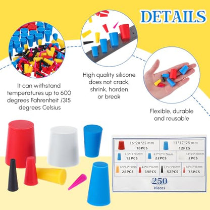Briwooody 250 Pcs Rubber Plugs 9-Sizes Silicone Tapered Plug Kit 1/15" to 1" Stoppers for Coating, Hole, Painting Protection Silicone Stopper
