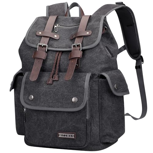 WITZMAN Canvas Backpack for Men Vintage Rucksack Fits 15.6 inch Laptop | Drawstring Backpack, High Capacity Casual Daypack with USB Charging Port, For Vacation, Overnight Trip, A8004 Black/Gery - color: Black/Gery