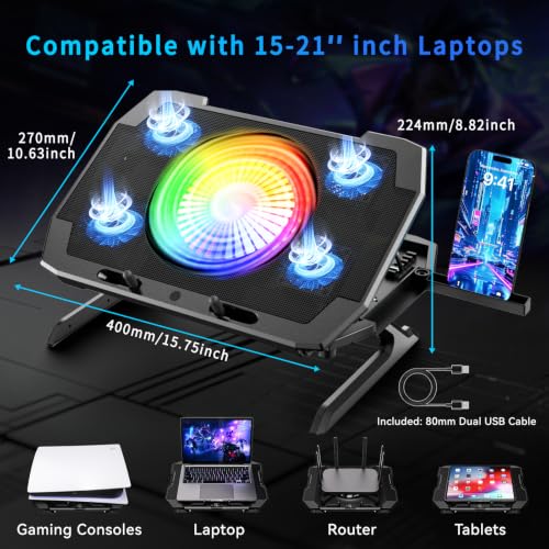 LP-2 Laptop Cooling Pad & Phone Holder, Dual-Mode Ergonomic Laptop Cooling Stand with 7 Adjustable Heights, 5 RGB High-Performance Quiet Laptop Fans, 2 USB Ports & 3 Speeds Laptop Cooler for 15–21Inch
