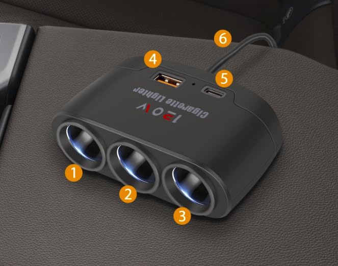 5 in 1 Car Cigarette Lighter Splitter Adapter, Car Charger Adapter with 120w Charge(23.6in Cable), 24V/ 12V Cigarette Lighter Splitter for All Car Devices