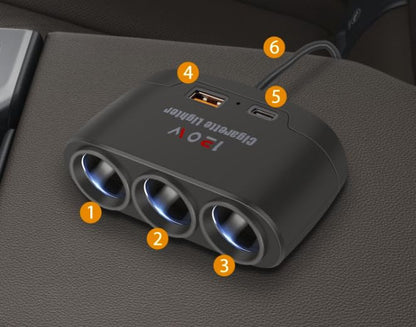 5 in 1 Car Cigarette Lighter Splitter Adapter, Car Charger Adapter with 120w Charge(23.6in Cable), 24V/ 12V Cigarette Lighter Splitter for All Car Devices