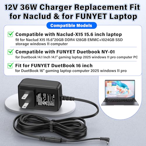 12V 3A Laptop Charger Replacement Fit for Naclud X15 15.6 Inch 15.6" Laptop | Power Cord AC Adapter Fit for Naclud-X15 15.6" Laptop Quad-Core Celeron N5095, Power Supply for FUNYET Duetbook 14 NY-01