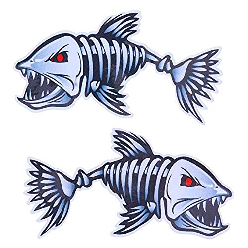 Skeleton Fish Bone Stickers - 2 PCS 5 Inch Left & Right Facing Silver Fish Decals - Waterproof Vinyl Fishing Sticker for Kayak, Canoe, Boat, Tackle Box, Car Bumper, Outdoor Gear - color: Silver